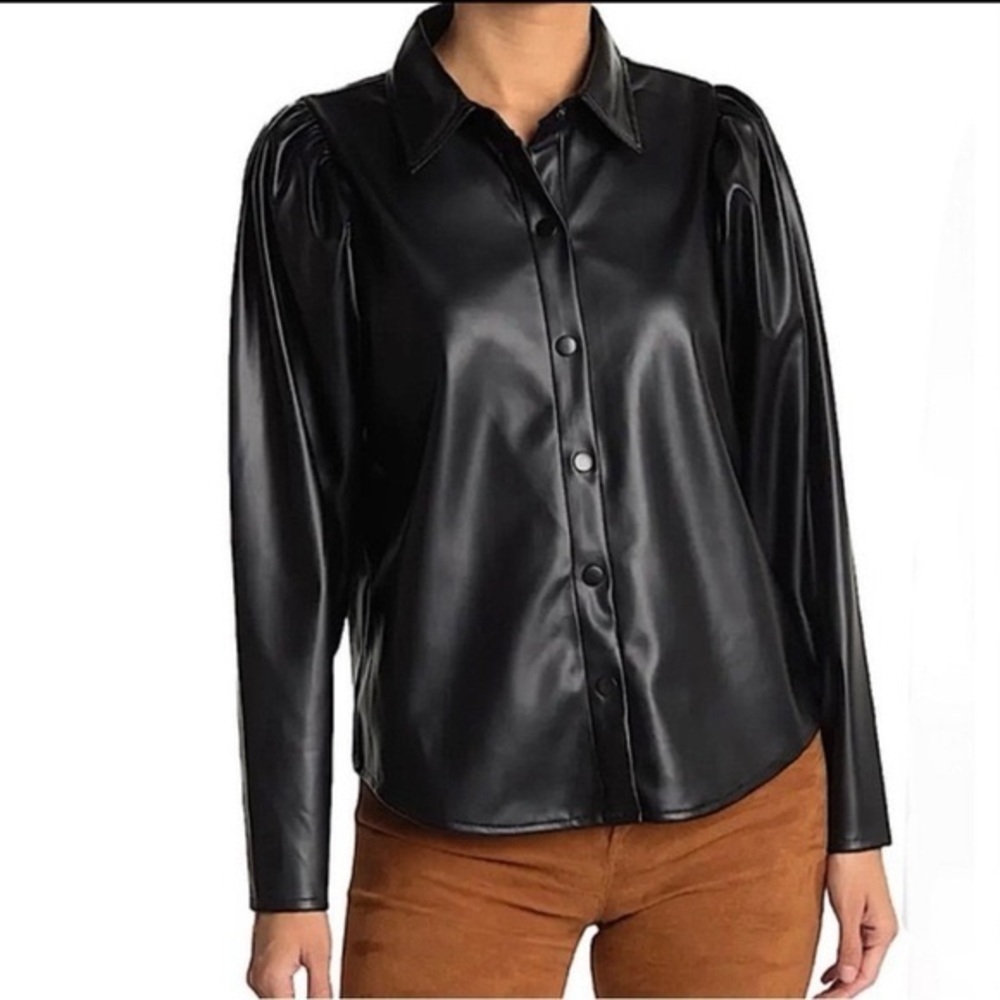 Laundry By Shelli Segal Black Faux Leather Puff Sleeve Button-Down Shirt